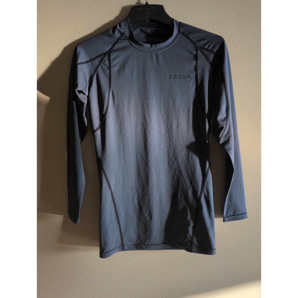 Tesla Long Sleeve Compression Shirt Sz Mens MEDIUM Dark Gray Workout TSLA EUC